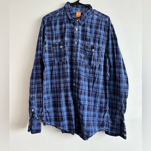 BOSS Hugo Boss Dark Blue Plaid Men Dress Shirt Size XL